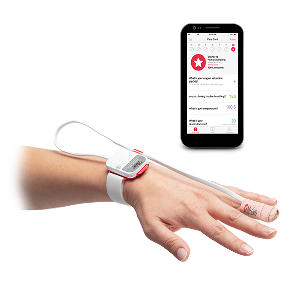 Patient forearm and hand wearing the SafteyNet product around their wrist and finger iphone displaying safetyNet app is adjacent to the patients hand