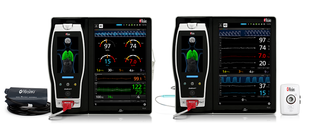 Display a Group Shot of Root with noninvasive blood pressure and temperature and Root with NomoLine capnography